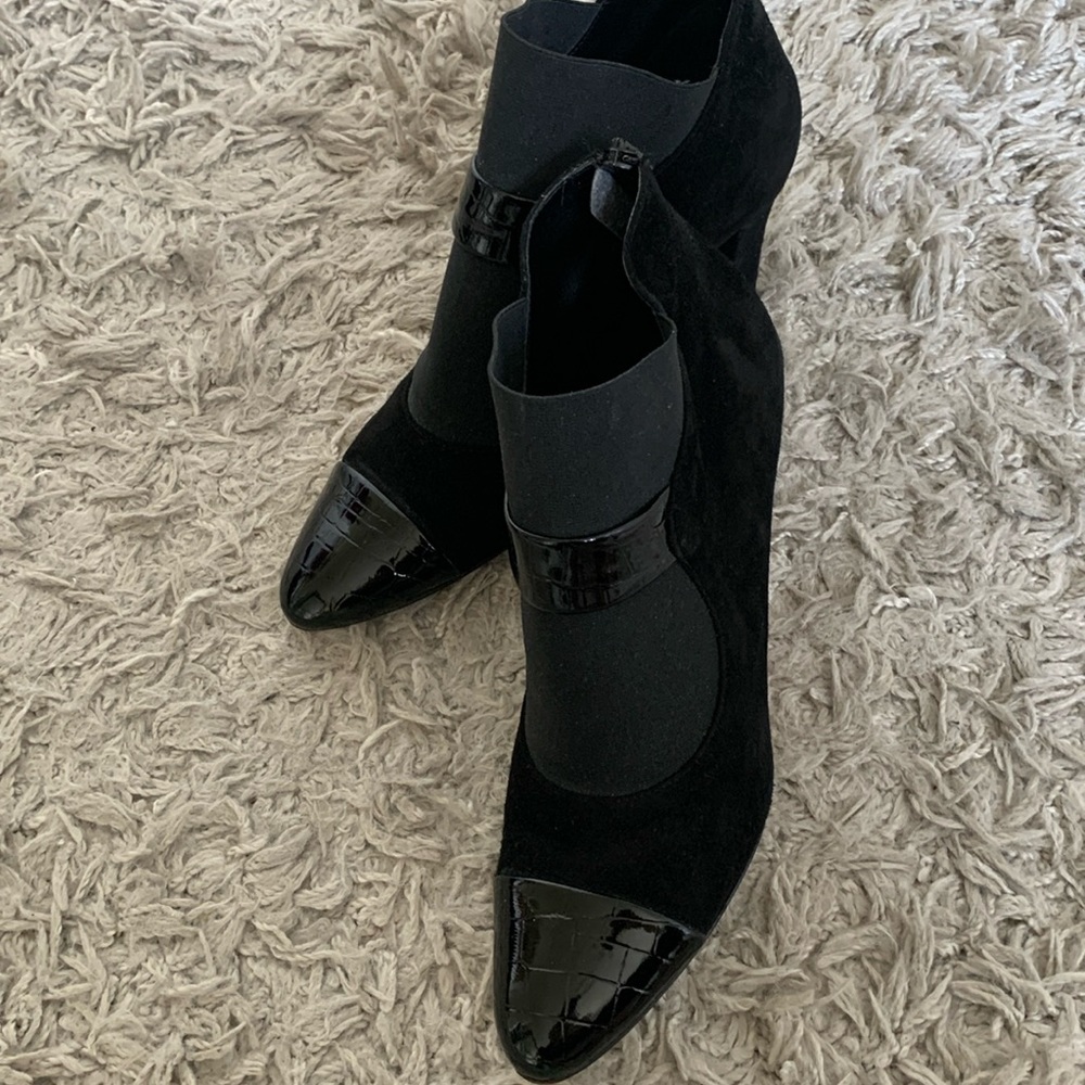 Designer classy leather ankle boot , croco black leather and soft suede